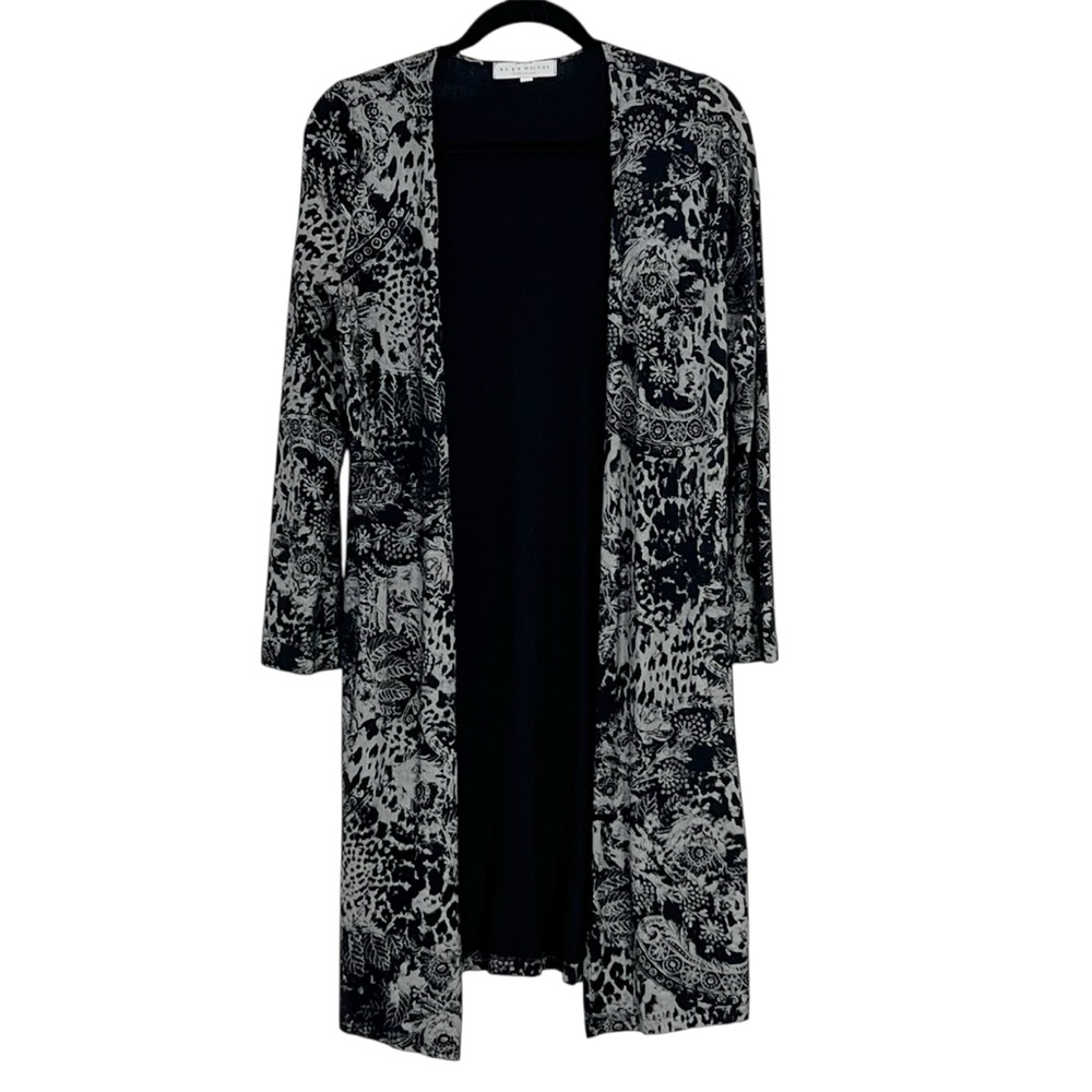Bryn Walker Open Front Duster Cardigan XS Black Gray Abstract Printed Knitwear